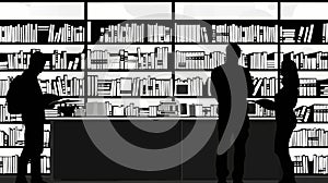 Monochrome Silhouettes of readers in modern library with shelves full of books, black and white illustration.