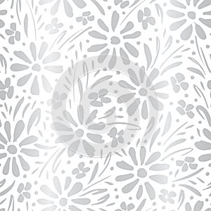 Monochrome silver gradient hand-painted daisies and foliage on white background vector seamless patters. Floral print photo