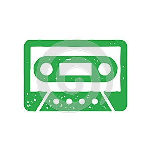 Monochrome simple hand drawn logo green audio cassette with magnetic tape for listening