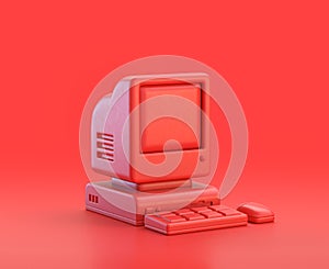 Monochrome single color red 3d Icon, an old computer with keyboard and mouse in red background,single color, 3d rendering