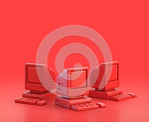 Monochrome single color red 3d Icon, an old computer with keyboard and mouse in red background,single color, 3d rendering
