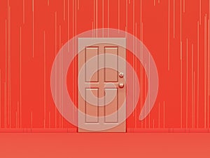 Monochrome single color red door 3d Icon in orange background interior room with striped pattern, 3d rendering