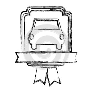 monochrome sketch of automobile front in heraldic frame with ribbon