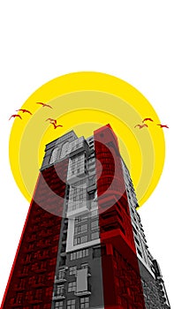 Monochrome skyscraper with red line overlays and bird silhouettes against white background with yellow abstract sun