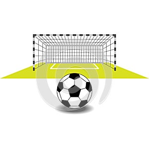 Monochrome soccer goal and ball on football field