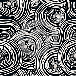 Monochrome spirals seamless pattern. Hand drawn curved lines background. Sketch circle