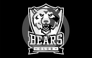 Monochrome sticker, sport logo with bear mascot. Black and white emblem with the head of a bear mascot on the background
