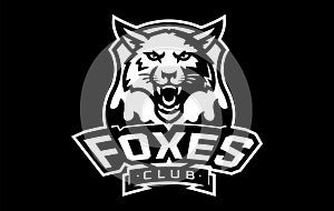 Monochrome sticker, sport logo with fox mascot. Black and white emblem with the head of a fox mascot on the background