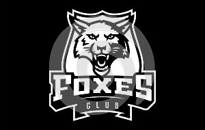 Monochrome sticker, sport logo with fox mascot. Black and white emblem with the head of a fox mascot on the background