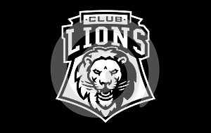 Monochrome sticker, sport logo with lion mascot. Black and white emblem with the head of a lion mascot on the background