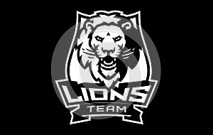 Monochrome sticker, sport logo with lion mascot. Black and white emblem with the head of a lion mascot on the background