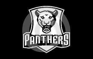 Monochrome sticker, sport logo with panther mascot. Black and white emblem with the head of a panther mascot on the