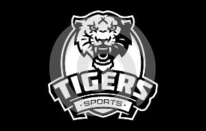 Monochrome sticker, sport logo with tiger mascot. Black and white emblem with the head of a tiger mascot on the