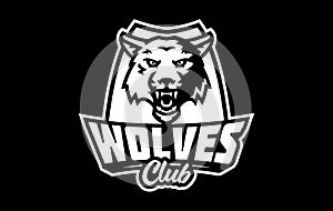 Monochrome sticker, sport logo with wolf mascot. Black and white emblem with the head of a wolf mascot on the background