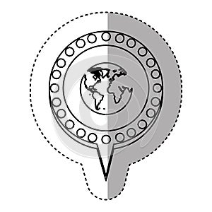 monochrome sticker with world map and circular speech with contour dotted and tail