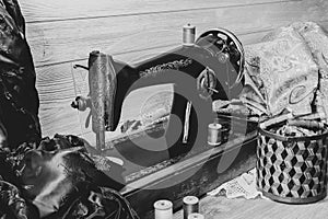 Monochrome still life with antique sewing machine