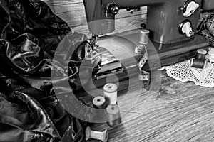 Monochrome still life with vintage sewing machine