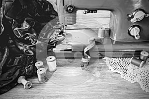 Monochrome still life with vintage sewing machine