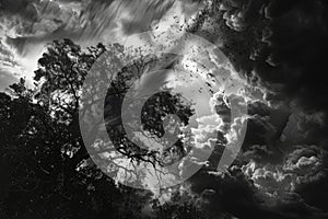 Monochrome Stormscape with Wind-Swept Tree and Debris, Dynamic Sky with Lightning, Artistic Concept