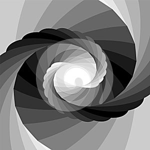 Monochrome Striped Vortex Shimmering from Black to White Tones and Converging to the Center. Optical Illusion of Depth and