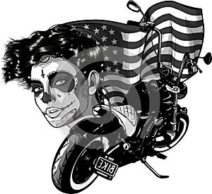 Monochrome sugar skull girl on motorcycle with american flag
