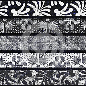 Monochrome summer patchwork stripe woven texture. Grunge vintage printed black white cotton textile effect. Patched