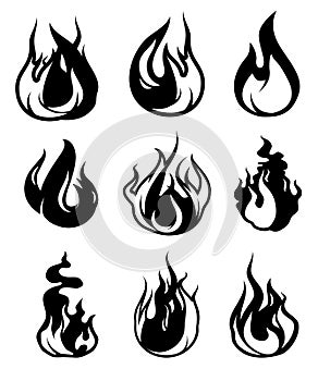 Monochrome symbols of flame. Vector black icons isolate on white
