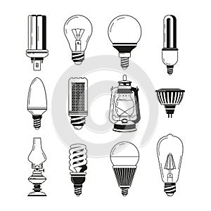 Monochrome symbols of light. Different bulbs in vector style