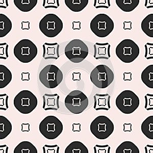 Monochrome texture with simple figures, smooth outline squares, circles, regular grid.