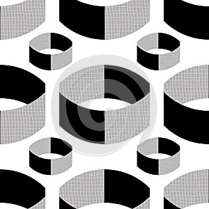 Monochrome textured vector 3D cylinders. Seamless pattern background. Abstract floating ring shapes horizontal geometric