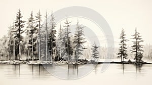 Monochrome Toned Illustration Of Pine Trees By A Lake