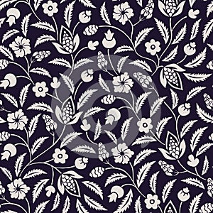 Monochrome Traditional Chintz Floral Vector Seamless Pattern. Black and White Classic Background