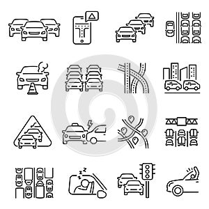 Monochrome traffic jam line icon set vector illustration automobile crash, freeway daily driving