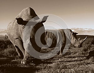 Monochrome of two white rhino