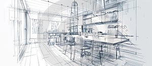 Monochrome urban design drawing of a building interior with tables and chairs