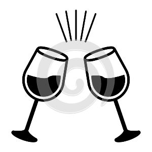 Monochrome vector graphic of two glasses of wine being chinked together in a toast or celebration photo