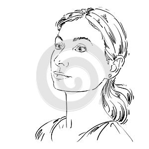 Monochrome vector hand-drawn image, romantic young woman. Black