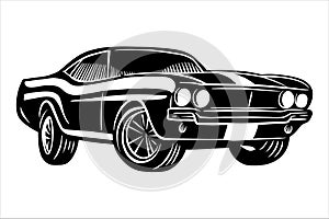 Monochrome vector illustration of retro muscle car