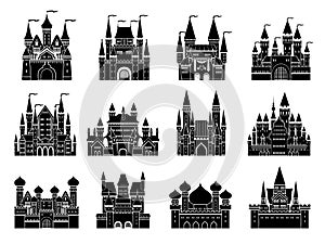 Monochrome vector illustrations set with different medieval old castles and towers