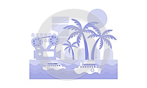 Monochrome vector landscape with ships in sea, palm trees, film strip and camera. Cinema festival in Nice photo