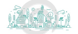 Monochrome vector line art illustration of eco city using alternative energy. Modern environmentally friendly town