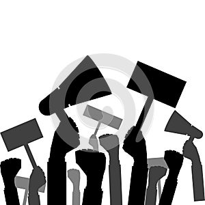 Monochrome vector of protestors raising riot with signs