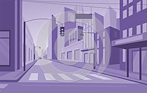 Monochrome vibrant urban landscape, empty street in megapolis. Surrealistic city, road and buildings. Vector