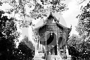 Monochrome View of a chapel, or viharn, at the Buddhist temple of Wat Chet Yot in Chiang Mai, Thailand