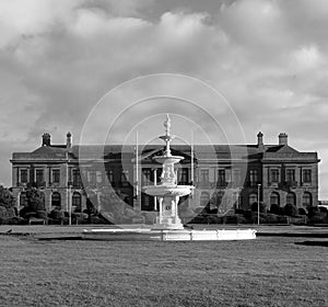 Monochrome View of County Buildings in Ayr Scotland with Steven Memorial Fountain