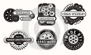 Monochrome vintage labels with gears, text