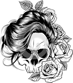 Monochrome Vintage woman skull with rose vector illustration on white background