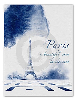 Monochrome watercolor card with the Eiffel Tower in blue shades. A commemorative postcard showing the sights of Paris.