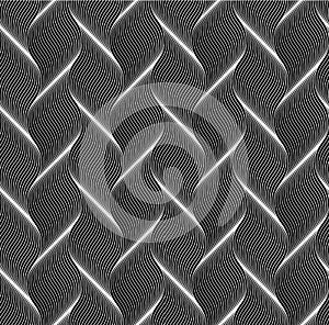 Monochrome waves  seamless pattern. Weave braids texture on dark background. Textile printing design template eps10