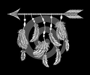 Monochrome white feathers arrow embroidery. Boho tribal clothes american indian bird motif ethnic embroidered black